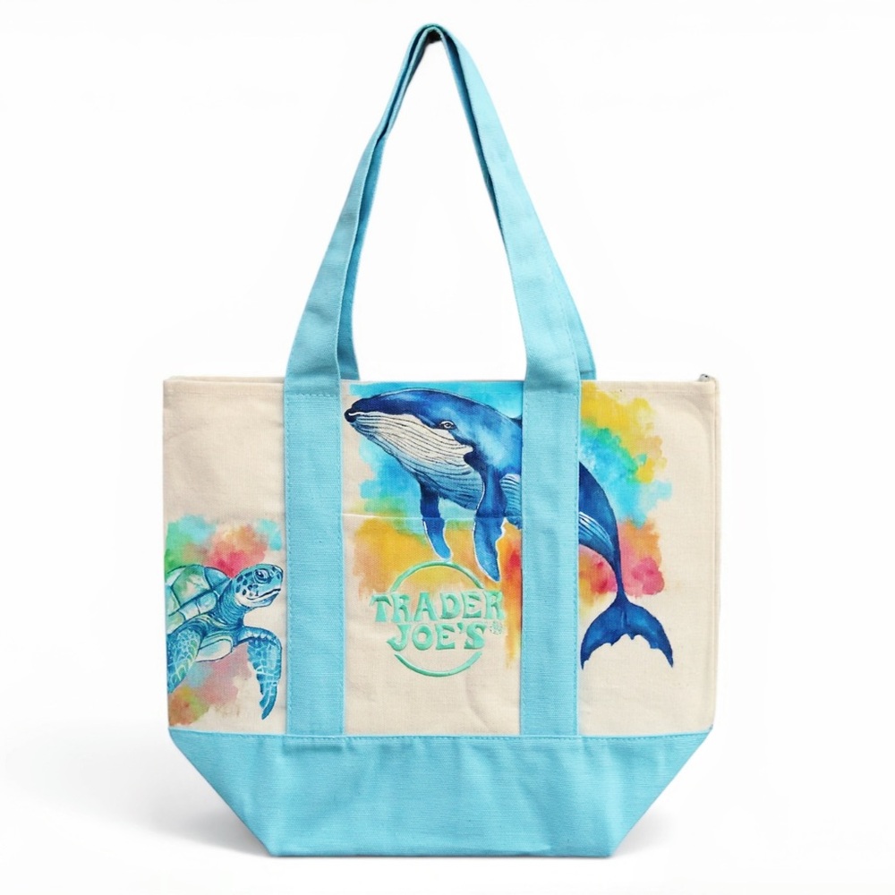 Hand Painted Trader Joe’s Blue Mini Ocean Tote Whale & Turtle